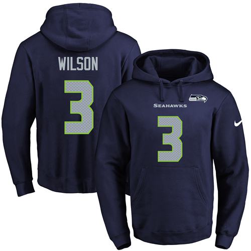 Nike Seahawks #3 Russell Wilson Navy Blue Name & Number Pullover NFL Hoodie - Click Image to Close